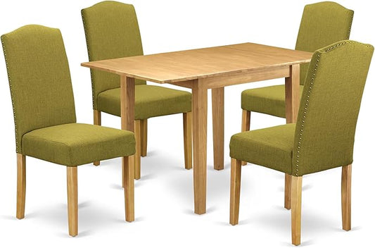 East West Furniture NDEN5-OAK-08 5 Piece Dining Set Includes a Rectangle Dining Room Table with Dropleaf and 4 Linen Fabric Parson Chairs, 30x48 Inch, Oak