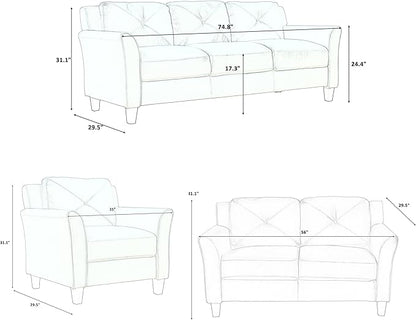 3 Pieses Modern Living Room Sofa Sets Polyester Blend Button Tufted Sofa&Couch Include 3Seaters Couch, Loveseat and Armchair with Ergonomically Curved Armrests for Home Apartment Office