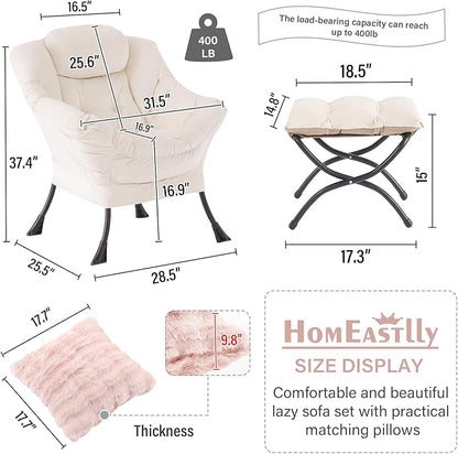 Lazy Chair with Ottoman, Modern Lounge Accent Chair with Armrests and a Throw Pillow, Leisure Sofa Chair Set, Reading Chair with Footrest for Living Room, Bedroom, Dorm Room, Office, Beige
