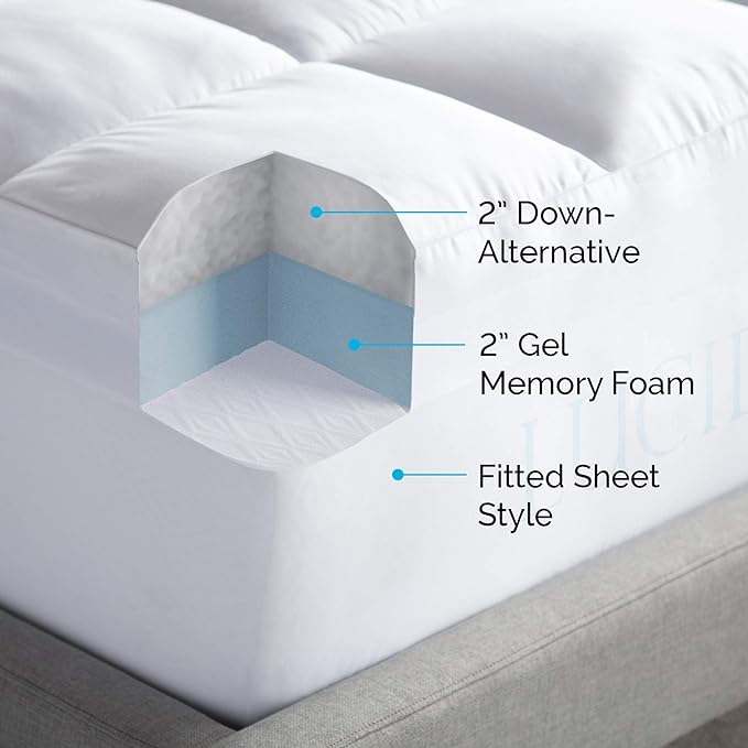 LUCID 4 Inch Down Alternative and Gel Memory Foam Mattress Topper - Three Toppers In One - Cal King