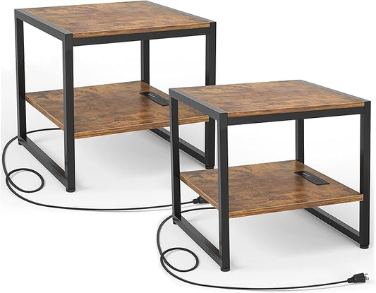 Homieasy End Table with Charging Station, 20 Inch Mini Fridge Stand with 2-Tier Open Shelf, Square Bedside Nightstand & Sofa Side Table for Small Spaces, Rustic Brown - 2 Pack