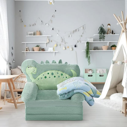 Dinosaur Kids Couch Fold Out 2-in-1 Toddler Sofa Fold Out with Blanket, Soft Toddler Chair Comfy for Boys Girls Baby, Convertible Sofa to Lounger for Napping Reading Playing Christmas, Green