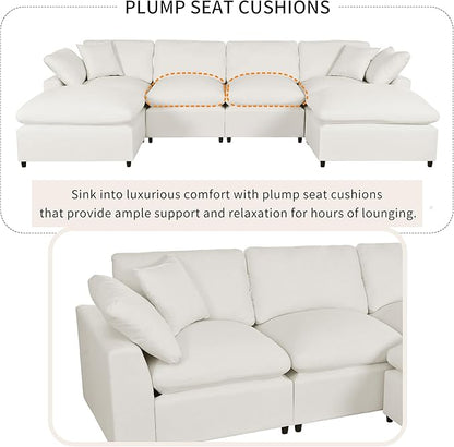 134.4 Inch U-Shaped Oversized Upholstered Sectional Sofa with Removable Ottomans, Large 6 Seater Modular Combination Corner Couch for Living Room, Office, Spacious Space, Beige