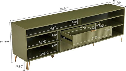 Manhattan Comfort Dumbo Mid Century Modern TV Stand for Televisions up to 80 Inches, Home Entertainment Center with Storage, 6 Shelves, 2 Drawers, No Tool Assembly, 85" Wide, Olive Green