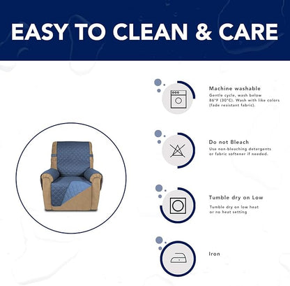 PureFit Reversible Sofa Cover Water Resistant Recliner Couch Cover, Machine Washable Furniture Cover with Adjustable Strap for Dogs, Pets (Recliner, Dark Blue/Light Blue)