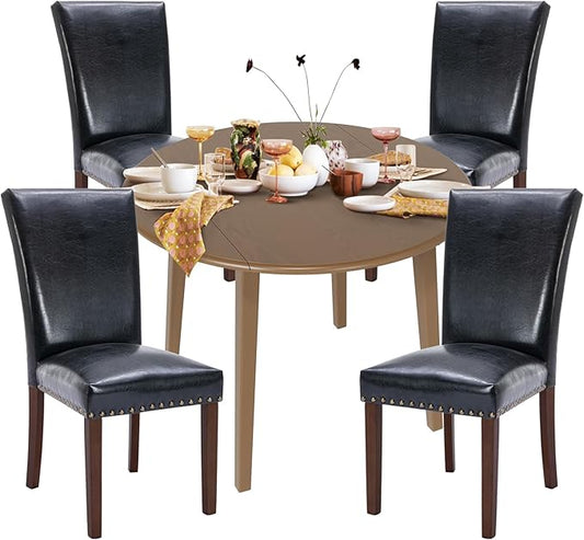 COLAMY 5-Piece Extendable Dining Table Set for 4, 36" Kitchen Round Wood Table with 4 Nailhead Dining Room Chairs,Light Brown/Black