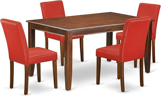 East West Furniture DUAB5-MAH-72 5 Piece Dinette Set for 4 Includes a Rectangle Dining Table and 4 Firebrick Red Faux Leather Parson Dining Room Chairs, 36x60 Inch, Mahogany