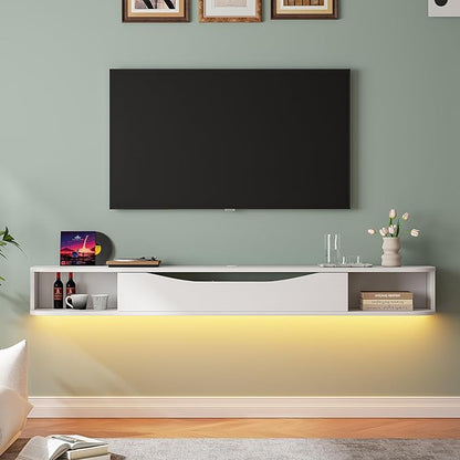 Floating TV Stand,78'' Wall Mounted TV Cabinet,Floating TV Console,Under TV Shelf with 1 Door and 2 Cabinets for TVs up to 78''(White)
