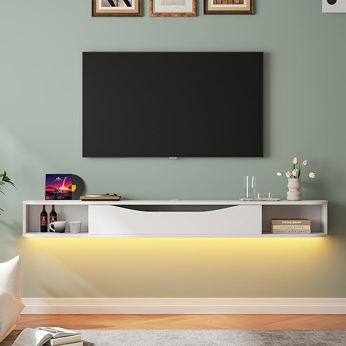 Floating TV Stand,47'' Wall Mounted TV Cabinet,Floating TV Console,Under TV Shelf with 1 Door and 2 Cabinets for TVs up to 55''(White)