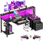 AODK Computer Desk with Drawers and Keyboard Tray, 63" Office Desk with Power Outlet and LED Lights, Reversible Study Work Desk with Printer Shelf and PC Stand for Home Office, Black