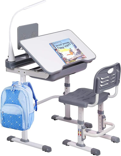 Kids' Desk and Chair Set, Height Adjustable Child's School Study Writing Tables with Tilt Desktop, LED Light, Storage Drawer, Book Stand(Grey)