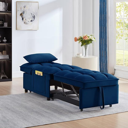 KEIKI Velvet Single Convertible Sleeper Chair Sofa Bed with Adjustable Backrest, Pillows & Storage Pockets, 3 in 1 Pull-Out Couch Chaise Lounge Recliner for Living Room Balcony Bedroom, Navy