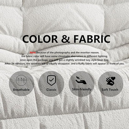 Bean Bag Chairs for Adults, BeanBag Reading Chair Memory Foam Couch 3-Seater, Floor Chair Soft Teddy Material, Comfy Reading Nook Chairs for Bedroom Living Room Office (White)