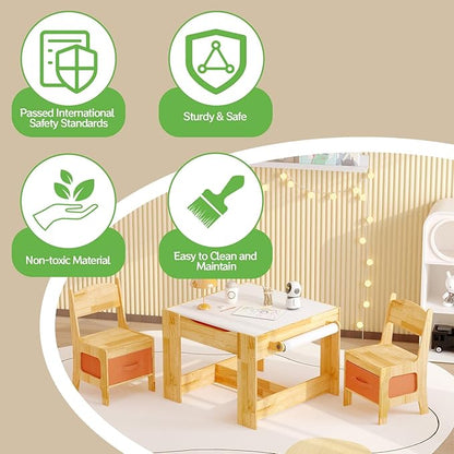 Pinewood Kids Table and Chair Set, 3 in 1 Toddlers Wooden Art Activity Table Desk with Chairs and Storage, Children Removable Tabletop, Blackboard, Natural