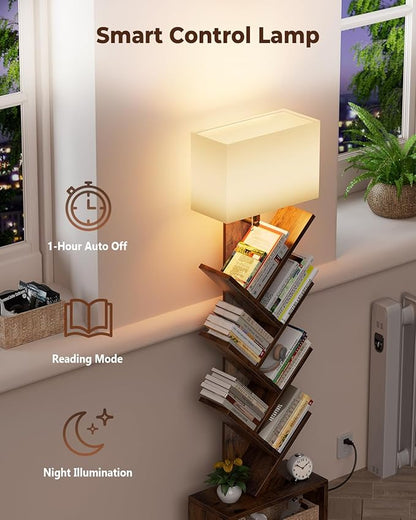 6 Tier Tree Bookshelf with Smart Light, Small Bookcase Tower with Remote Control, Tall Floor Standing Book Organizer for Living Room, Bedroom & Home Office, Rustic Brown