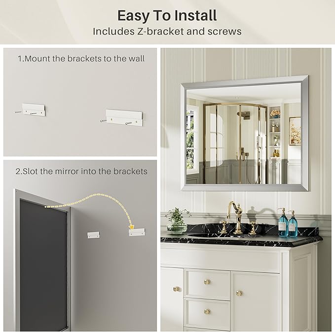 40x32 Inch Silver Bathroom Mirror for Wall, Thick Metal Framed Rectangle Mirrors for Over Sink, Bedroom, Living Room, Entryway, Anti-Rust, HD Tempered Glass