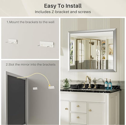 40x32 Inch Silver Bathroom Mirror for Wall, Thick Metal Framed Rectangle Mirrors for Over Sink, Bedroom, Living Room, Entryway, Anti-Rust, HD Tempered Glass