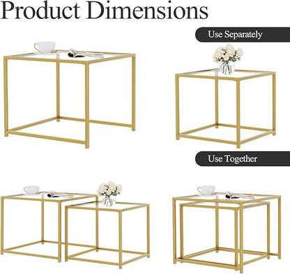 Garden 4 you Coffee Table Set of 2, Modern Glass Nesting Table, Metal Frame Square Center Table Set, Side Tables, Nesting Coffee Table for Living Room, Bedroom and Small Spaces, 23.6in Gold
