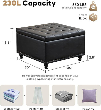 Tbfit Large Square Storage Ottoman Bench, Button Tufted Coffee Table, Oversized Storage Ottomans Toy Box Footrest for Living Room, Black
