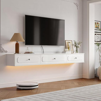 Retro Floating TV Console with 3 Doors,47'' High Gloss Floating TV Stand,Wall Mounted TV Cabinet,Contemporary Floating Media Console for Under TV Storage,Living Room,Bedroom(White)
