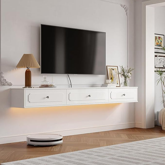 Retro Floating TV Console with 3 Doors,70'' High Gloss Floating TV Stand,Wall Mounted TV Cabinet,Contemporary Floating Media Console for Under TV Storage,Living Room,Bedroom(White)