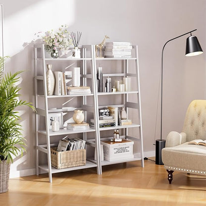 HITNET Ladder Shelf, 4 Tier Bookshelf, Floor Standing Bathroom Storage Rack with Bamboo Frame, Home Office Open Display Bookcase, White