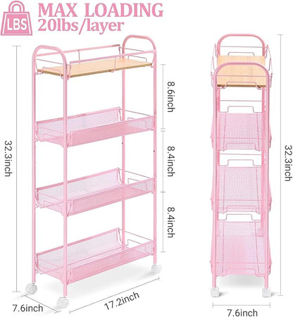 KINGRACK 4-Tier Slim Rolling Cart with Wooden Tabletop, Easy Assemble Metal Utility Cart, Slide Out Narrow Storage Cart for Narrow Space on Bedroom Bathroom Laundry Room Apartments Dormitory, Pink