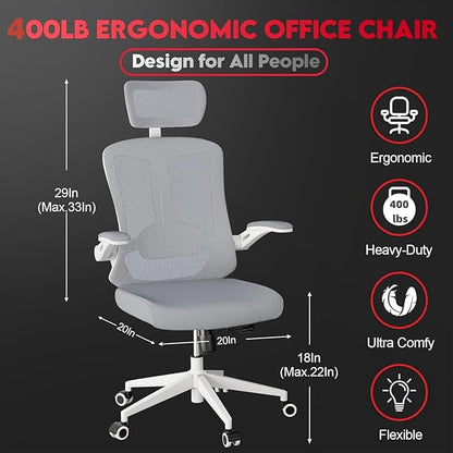 Ergonomic Office Chair - 400LB Comfy Desk Chairs with Headrest and Back Support, Heavy Duty Mesh Computer Chair with Wheels and Arms for Home Office, Study, Bedroom and College Dorm (Grey)