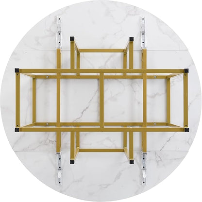 Merax 47.2” Round Dining Table Set for 4, Foldable Kitchen Dining Table with 11.8” Drop Leaves, Faux Marble Top with Golden Frame, 4 Upholstered Chairs (White+Green)