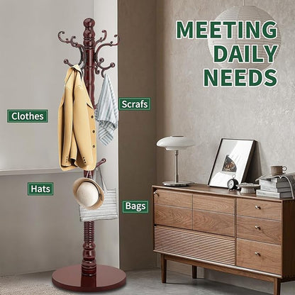 Wood Coat Rack Stand, Wooden Coat Rack Freestanding with Sturdy Round Base, Vintage Coat Racks with 14 Hooks, Natural Birch Wood Entryway Coat Tree Hanger Stand Easy to Assemble