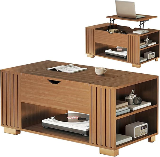 COMHOMA Lift Top Coffee Table for Living Room, 39" Center Table with Hidden Storage Compartment, Adjustable Wooden Tea Table for Small Spaces, Dark Walnut
