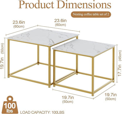 Garden 4 you Coffee Table Set of 2, Modern Engineered Wood Nesting Table, Metal Frame Square Center Table Set, Side Tables, Nesting Coffee Table for Living Room, Bedroom and Small Spaces, 23.6in Gold