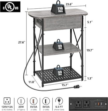 Narrow Side Table with Charging Station, End Tables Set of 2 for Small Spaces, Flip Top End Table with Storage, End Tables Living Room, Nightstand Set 2 with Drawer for Bedroom, Grey