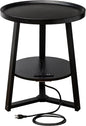 Round End Table with Charging Station, 19.7" Dia x 23.63" H, Side Table with Storage Shelf, Accent Table, for Living Room, Bedroom, Small Spaces, Metal Frame, Industrial Style (Black)