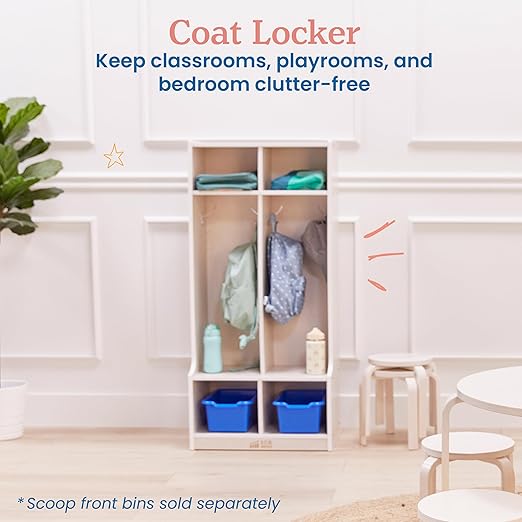 ECR4Kids 2-Section Coat Locker with Bench, Classroom Furniture, White Wash