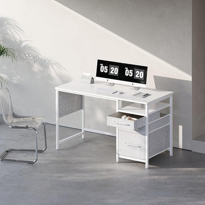 Ｍａｉｈａｉｌ Maihail Small Desk with Drawers, 47 inch Computer Desk with Shelves, Writing Desk with Storage, Small Office Desk with Metal Frame, White