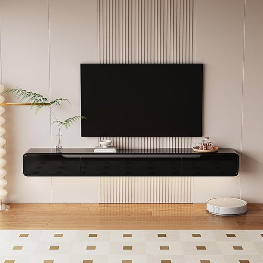 High Gloss Floating TV Stand with 3 Doors,47'' Wall Mounted TV Cabinet,Under TV Console,Floating Media Shelft for Bedroom Living Room(Black)