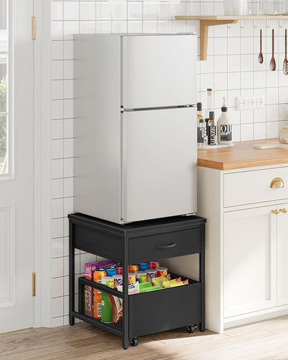 End Table, 19.7 Inch Square Side Table, Mini Fridge Stand with Storage, Nightstand with Mobile Basket Cart, for Living Room, Bedroom, Black TBZ55BB