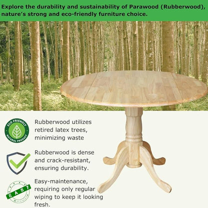 IC International Concepts, 42" Round Dual Drop Leaf Pedestal Dining Table, Solid Real Wood, Sturdy Parawood, Natural