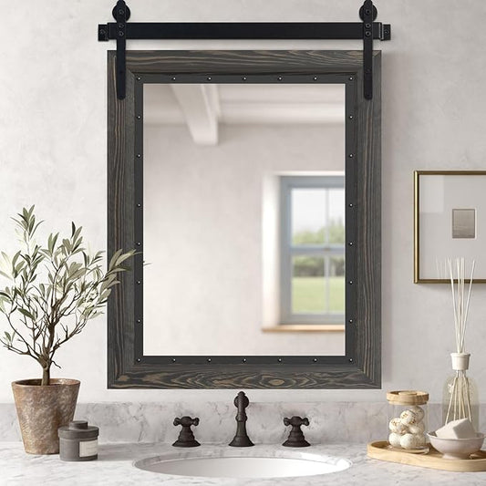YOSHOOT Farmhouse Barn Door Mirror, 32"x24" Rustic Bathroom Mirror, Wood Frame Wall Mirror, Wooden Mirror for Living Room Bedroom Entryway Wall Décor, Vertical Hanging ONLY