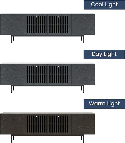 POVISON Mid Century Modern Sintered Stone TV Stand, Slatted Media Console TV Cabinet with Tall-cast Metal Legs, Fluted Entertainment Center with Storage, Fully-Assembled (Black, 70.87")