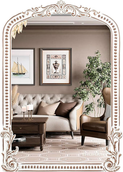 25x35 Inch Baroque Arched Wall Mirror Wooden, Rustic Farmhouse Decorative Mirrors for Fireplace, Entryway, Living Room, Bedroom, Bathroom