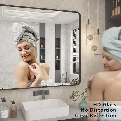 26x36 Inch Bronze Framed Mirror, Brushed Bronze Metal Bathroom Vanity Mirror for Wall, Modern Rectangle Mirror, Rounded Corner, Anti-Rust (Horizontal/Vertical)
