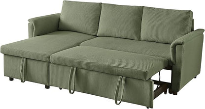 Ball & Cast Reversible Sectional Sofa Couch,L-Shape Sleeper Sofa Bed with Storage Chaise Pull Out Couch for Living Room | Hidden Storage | Pull Out Bed | Removable Backrest | Corduroy Fabric,Green