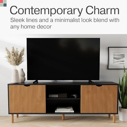 Modern Fluted TV Stand & Media Console - 70-Inch, Fluted Black & Oak - Entertainment Center for 32-80-Inch Screens with Soft-Close Doors & Cord Management