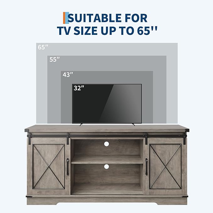 IDEALHOUSE Farmhouse TV Stand and Entertainment Center for Tv up to 65 inches with Sliding Barn Doors and Adjustable Shelf, Tv Media Console Table with Storage Cabinet for Living Room, Grey