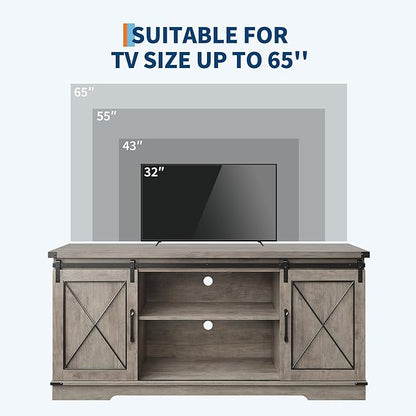 IDEALHOUSE Farmhouse TV Stand and Entertainment Center for Tv up to 65 inches with Sliding Barn Doors and Adjustable Shelf, Tv Media Console Table with Storage Cabinet for Living Room, Grey