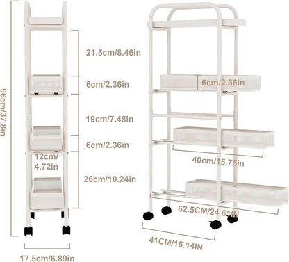 UMDONX Slim Storage Cart 4 Tier with Pull Out Basket Bathroom Organizer Rolling cart, Rolling Utility Cart Slide Out Organizer for Kitchen, Bathroom, Laundry White