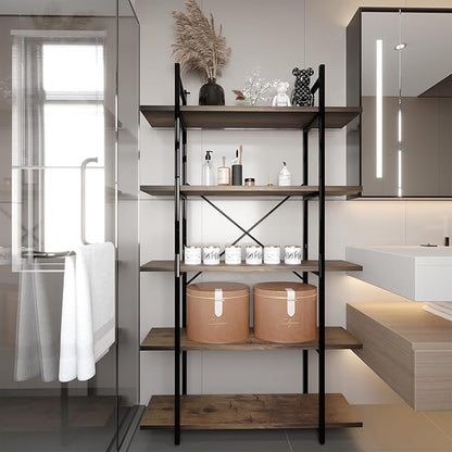 5 Tiers Bookshelf Organizer Industrial Shelf,Modern Open Display Storage Bookcase,Rustic Brown and Metal Bookshelf Standing Storage Shelf Tall Shelving Units for Home Office Study.