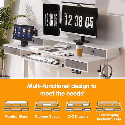 Electric Standing Desk, 55" Standing Desk Adjustable Height, Multifunctional Standing Table with 4 Drawers, Ergonomic Adjustable Standing Desk with Keyboard Tray, Snow White